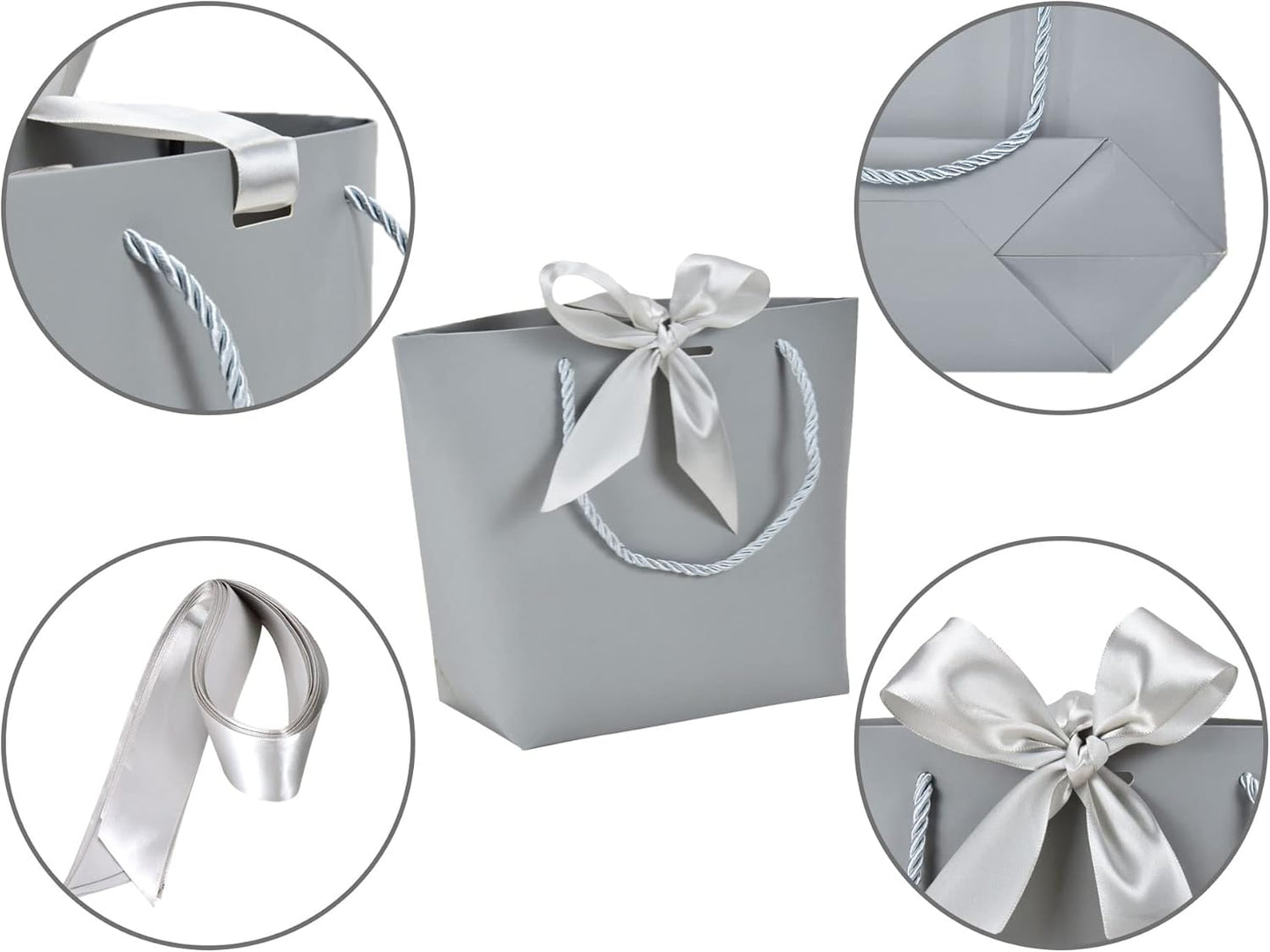 HUAPRINT Gift Bags with Handles,7.48×3.54×7.9 inches,Party Favor Bags with Bow Ribbon,12Pcs Grey Paper Bags for Birthday Wedding Bridesmaid Present Celebration Holiday