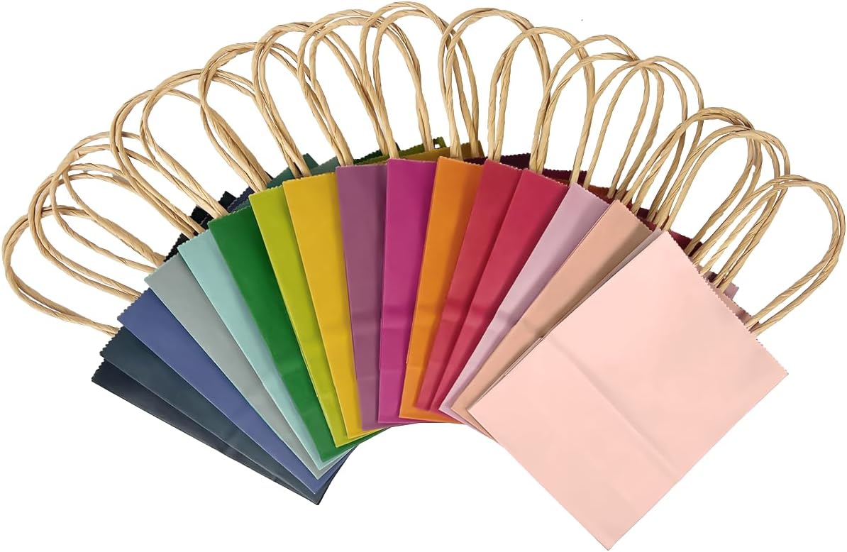 qiqee 32 Pcs Mini Paper Gift Bags with Handles 6"x4.5"x2.5" Small Brown Kraft Party Favor Bags 16 Different Senior Color Rainbow Treat Bags Multiple Uses (Mini size)