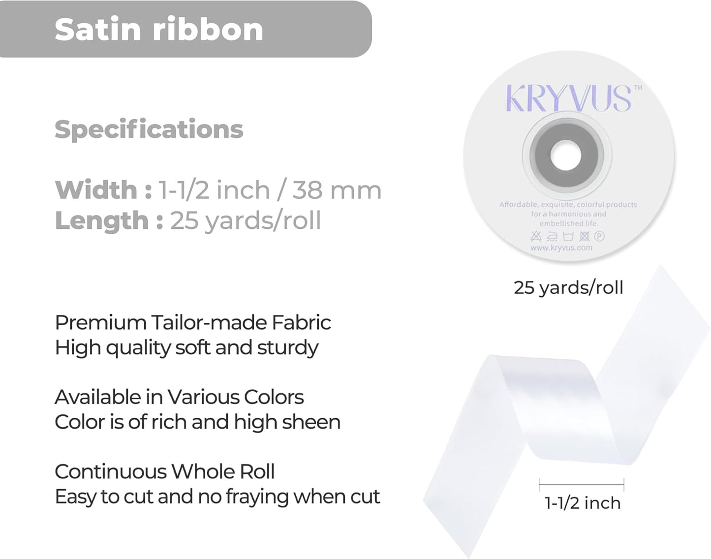 White Satin Ribbon 1-1/2 inch X Continuous 25 Yards, Single Face Polyester Ribbon Perfect for Gift Wrapping, Flower Bouquet, Wedding Decor, Crafts, Bow Making, Sewing and More