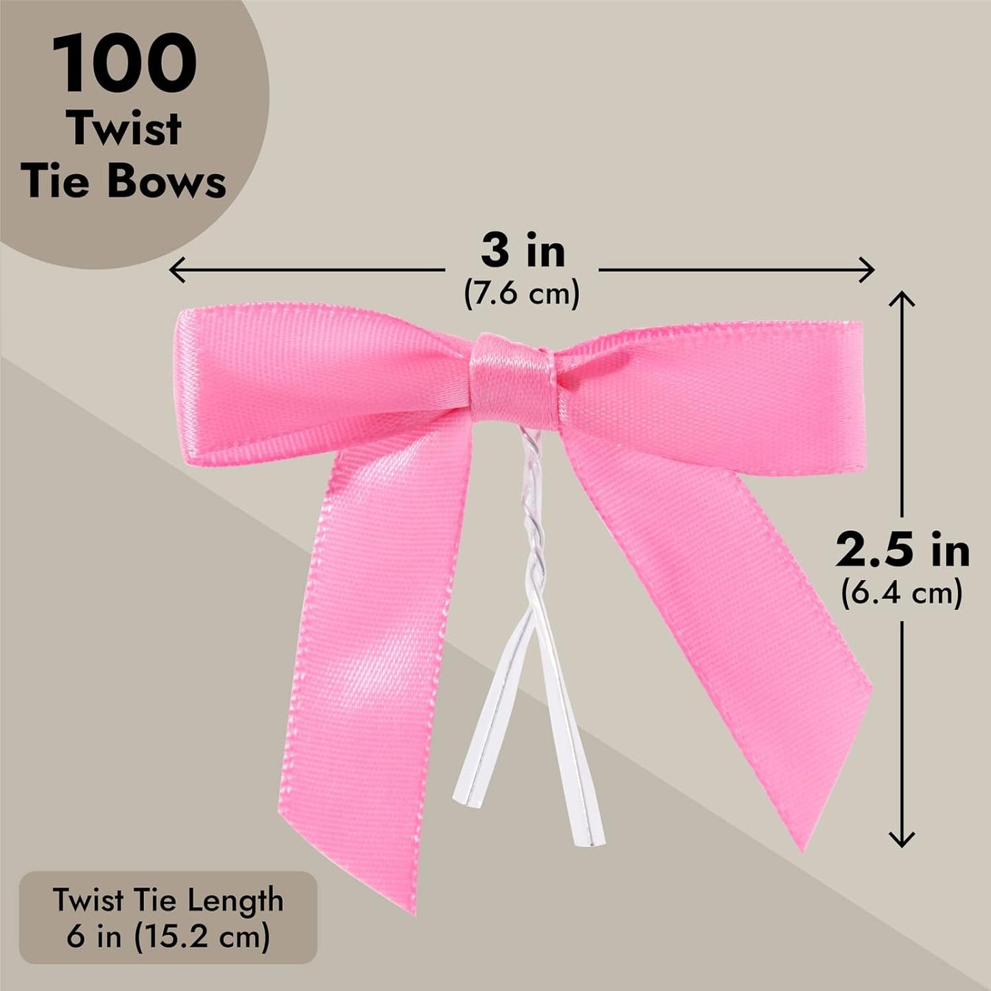 Juvale Pink Twist Tie Gift Bows - Pre-Tied Mini Bows for Crafts & Ribbon Twist Ties for Treat Bags - 100 Count, 3 x 2.5 in, Satin