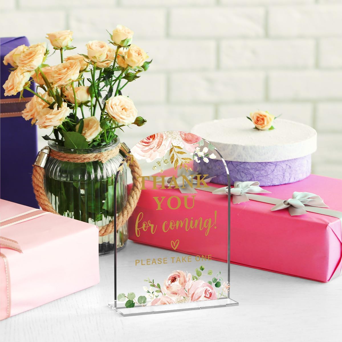 Acrylic Wedding Signs, Bridal Shower Decorations, Modern Calligraphy Arch Acrylic Table Top Sign for Wedding Reception and Engagement Parties - Thank You for Coming (Clear Pink Flowers)