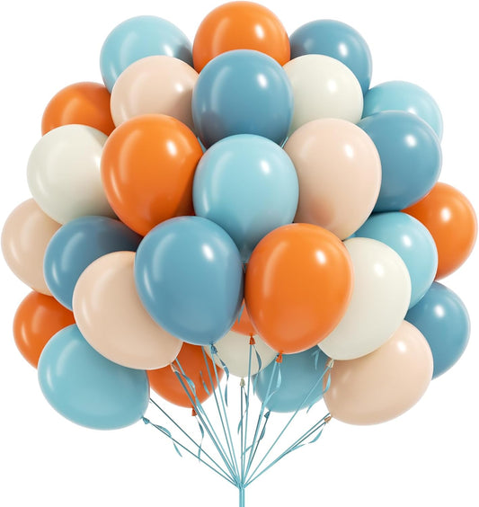 60pcs 12inch Blue and Orange Balloons, Dusty Blue Orange Sand White Nude Balloons with Ribbon for Baby Shower Birthday Party Decorations