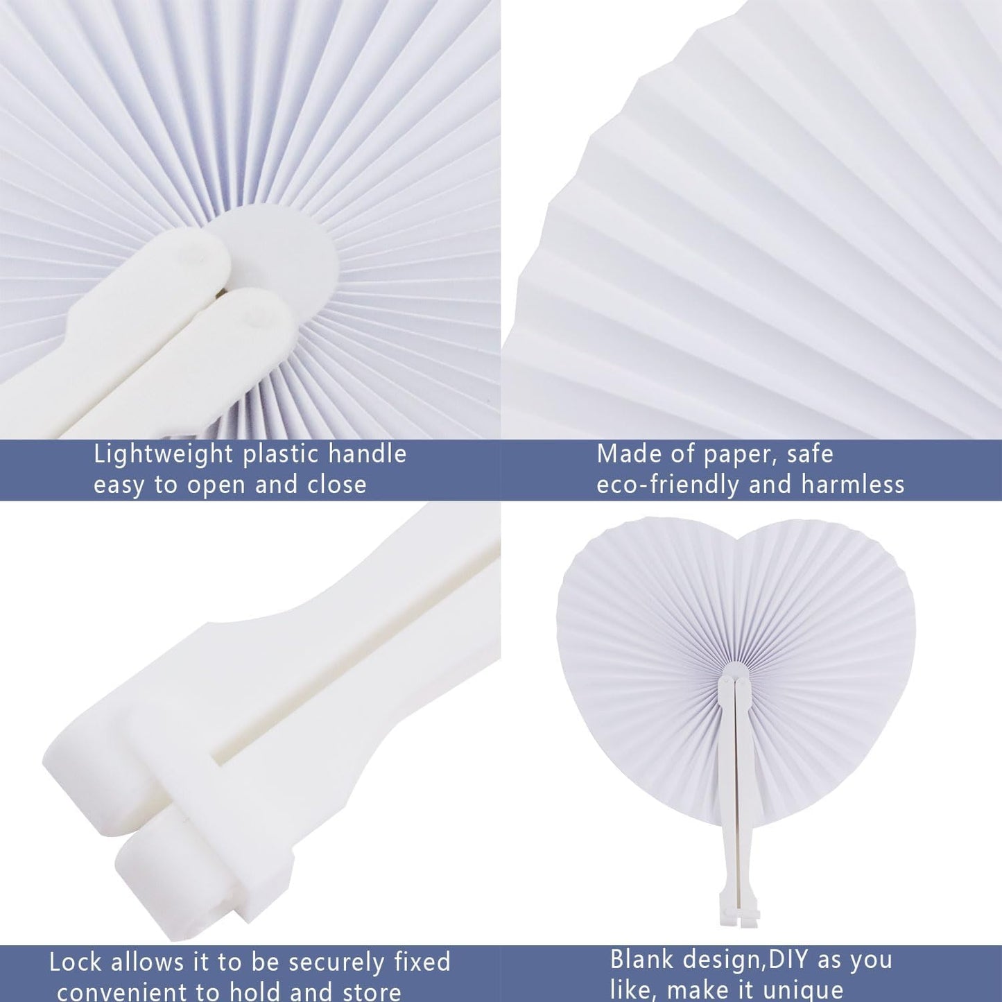 Zwin 60PCS Heart Shaped Folding Paper Fans for Wedding White Plastic Handheld Pocket Paper Fans for Party Decorations