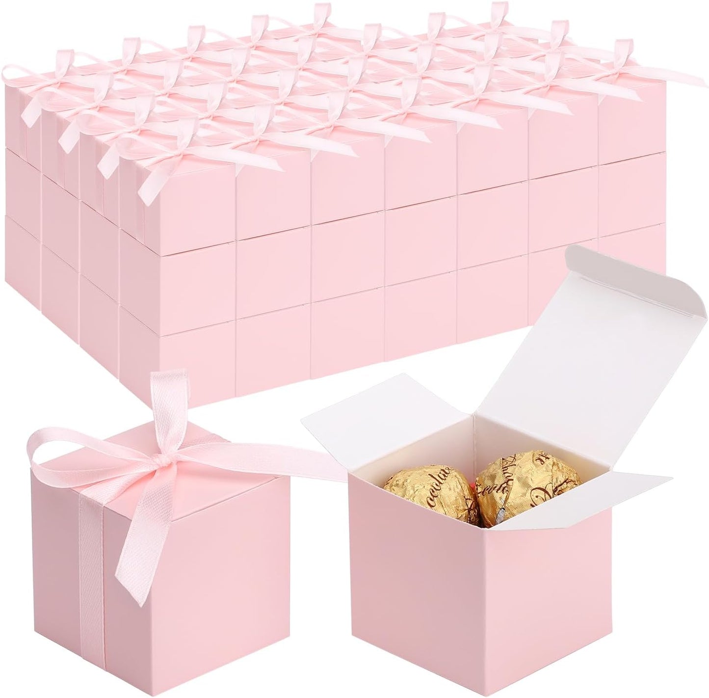EUSOAR Candy Boxes Party Favors, 120pcs 2x2x2 Inches Pink Favor Boxes Candy Gift Box with Ribbon, Mini Bakery Cookies Box Square Paper Chocolate Containers for Wedding Anniversary Party Favor