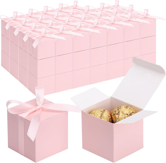 EUSOAR Candy Boxes Party Favors, 120pcs 2x2x2 Inches Pink Favor Boxes Candy Gift Box with Ribbon, Mini Bakery Cookies Box Square Paper Chocolate Containers for Wedding Anniversary Party Favor