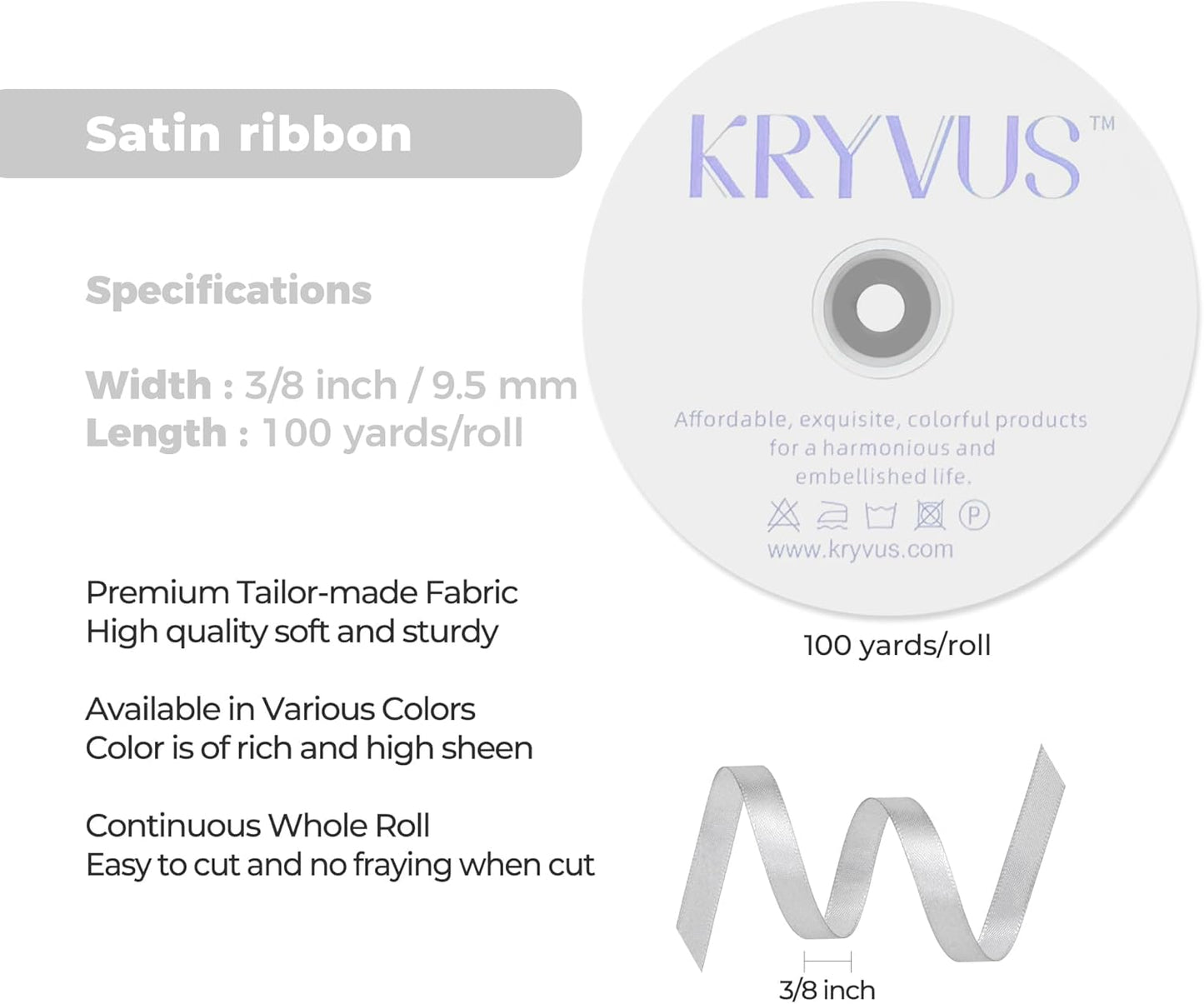 Silver Satin Ribbon 3/8 inch X Continuous 100 Yards, Single Face Polyester Ribbon Perfect for Gift Wrapping, Flower Bouquet, Wedding Decor, Crafts, Bow Making, Sewing and More