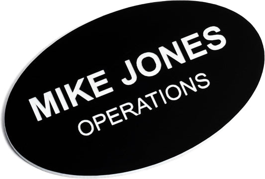 Custom Engraved Name Tag Badges – Personalized Identification with Pin or Magnetic Backing, 2.8 Inch Oval, Black/White
