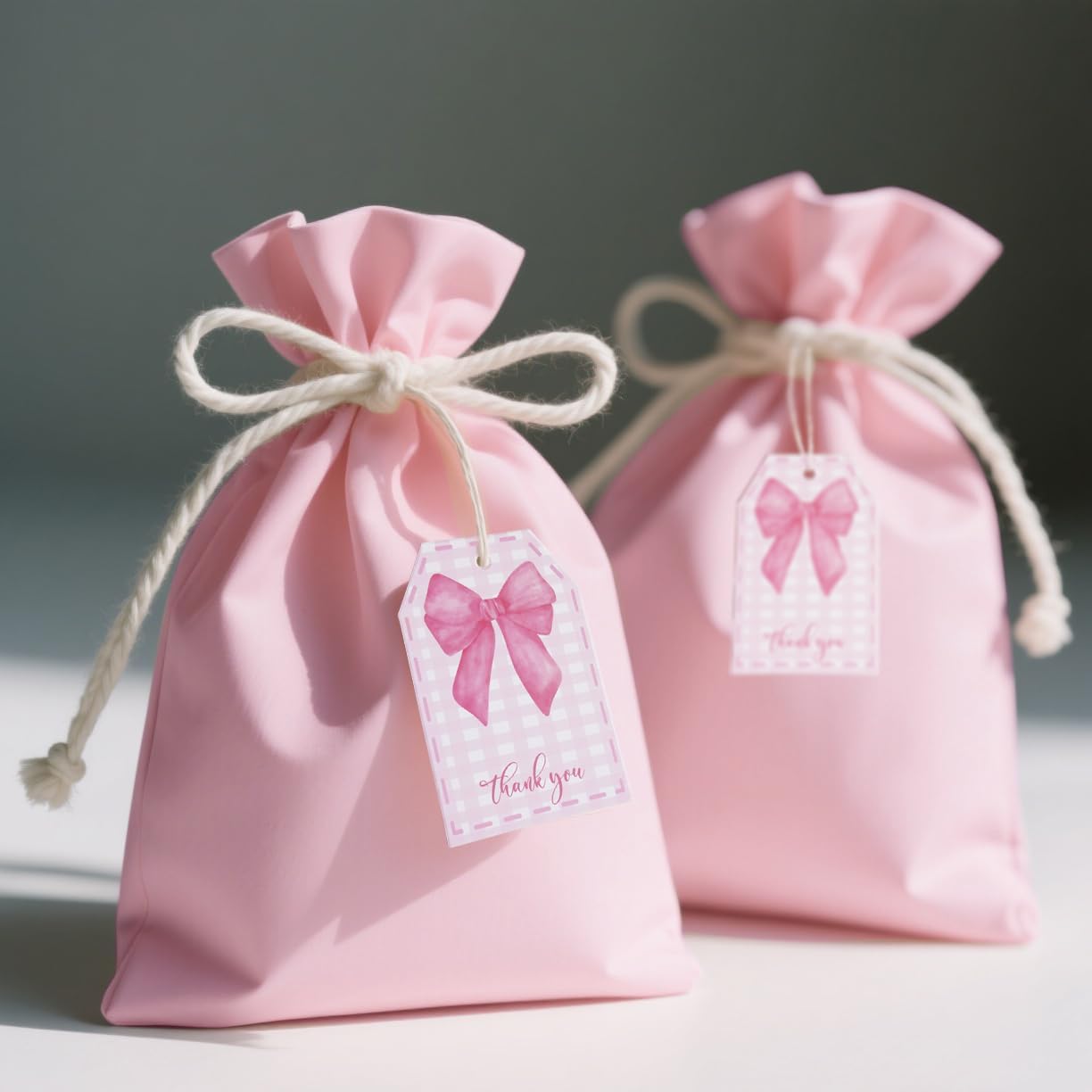 100Pcs Pink Bow Gift Tags with String Pink Buffalo Plaid Large Gift Tags with 65Ft White String Cute Thank You White Paper Tag for Coquette Birthday Baby Shower Wedding Gift Wrap Tag