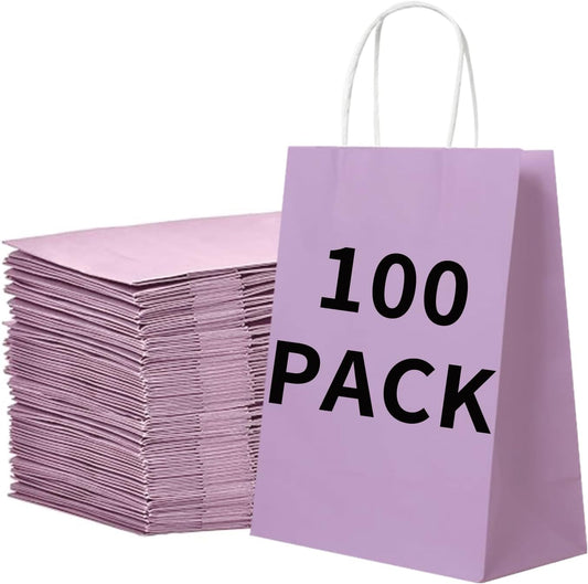 BAG BOX 100 Pack 5.9x3.1x8.25 Inch Purple Gift Bags with Handles,Bulk Kraft Paper Bags for Shopping, Retail, Merchandise, Wedding, Party Favors, Paper Grocery Sacks