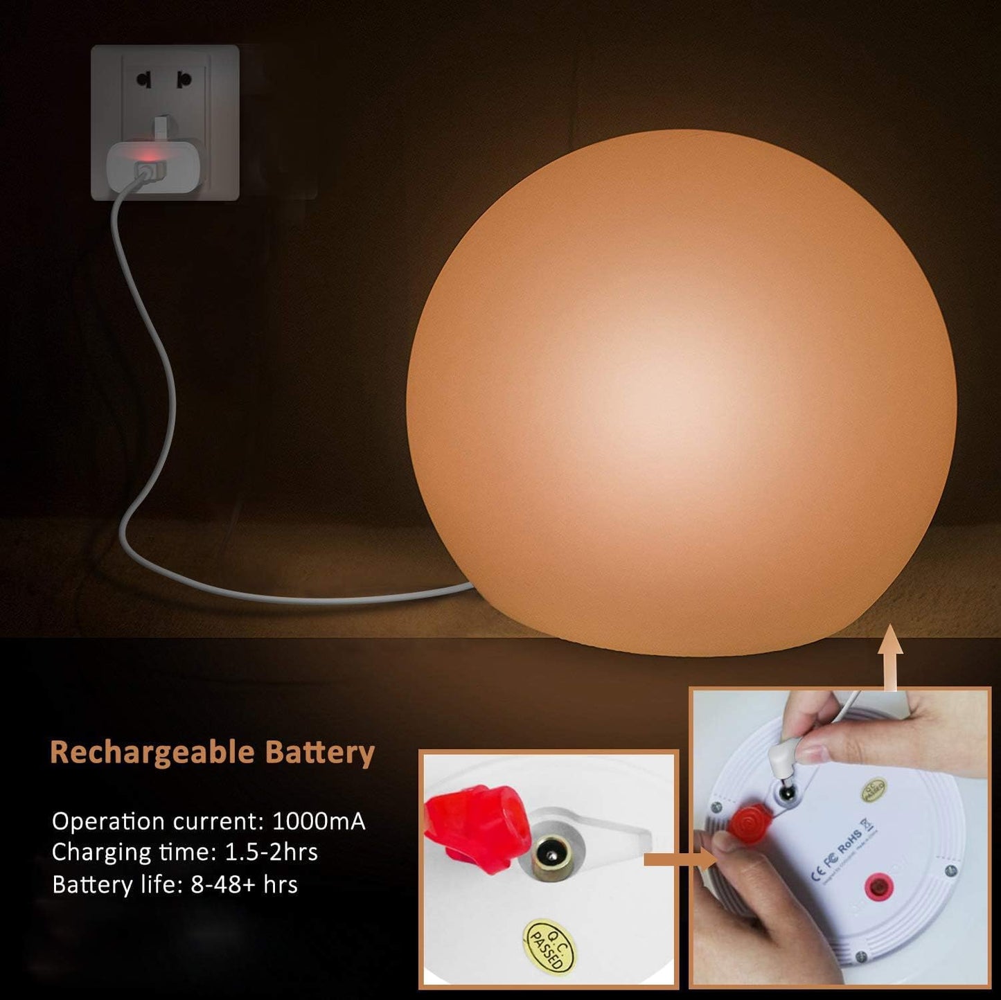 10-Inch LED Ball Light, Rechargeable Dimmable LED Glowing Orb Light w/Remote, 16 RGB Color Changing Globe Floor Lamp, Indoor/Outdoor Waterproof Mood Lamp for Home Lawn Party Pool Decor