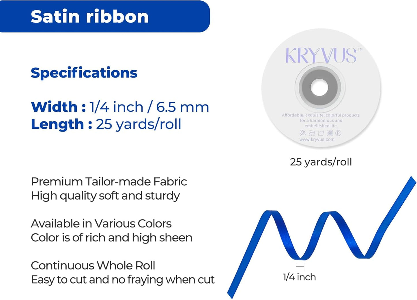 Dark Royal Blue Satin Ribbon 1/4 inch X Continuous 25 Yards, Single Face Polyester Ribbon Perfect for Gift Wrapping, Flower Bouquet, Wedding Decor, Crafts, Bow Making, Sewing and More