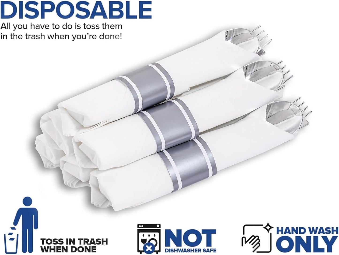 400PCS Wrapped Silver Plastic Silverware Sets - Heavy Duty Plastic Silverware Include Pre Rolled Disposable Utensils with Napkins for Parties & Dinners & Weddings