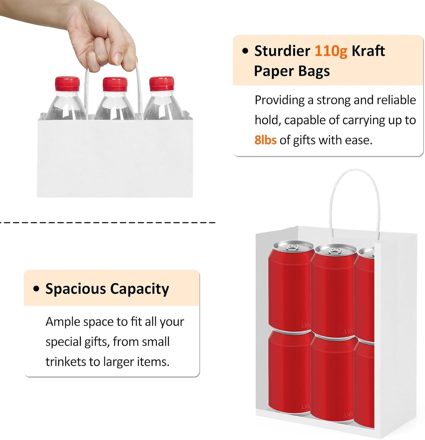 BagDream 50Pcs Gift Bags 8x4.25x10.5 Kraft Paper Gift Bags with Handles Bulk for Shopping, Wedding, Party Favor, Merchandise, Retail, White Paper Grocery Sacks