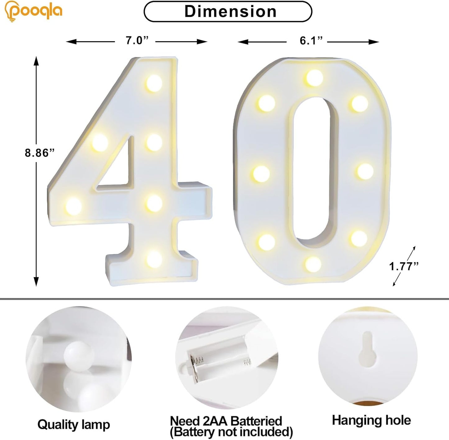 Pooqla 40th Birthday Decoration for Woman Man, Decorative LED Light Up Numbers, Marquee Numbers 40 Sign for Party Backdrop 40th Wedding Anniversary Decor, Warm White and Cool White Number 40