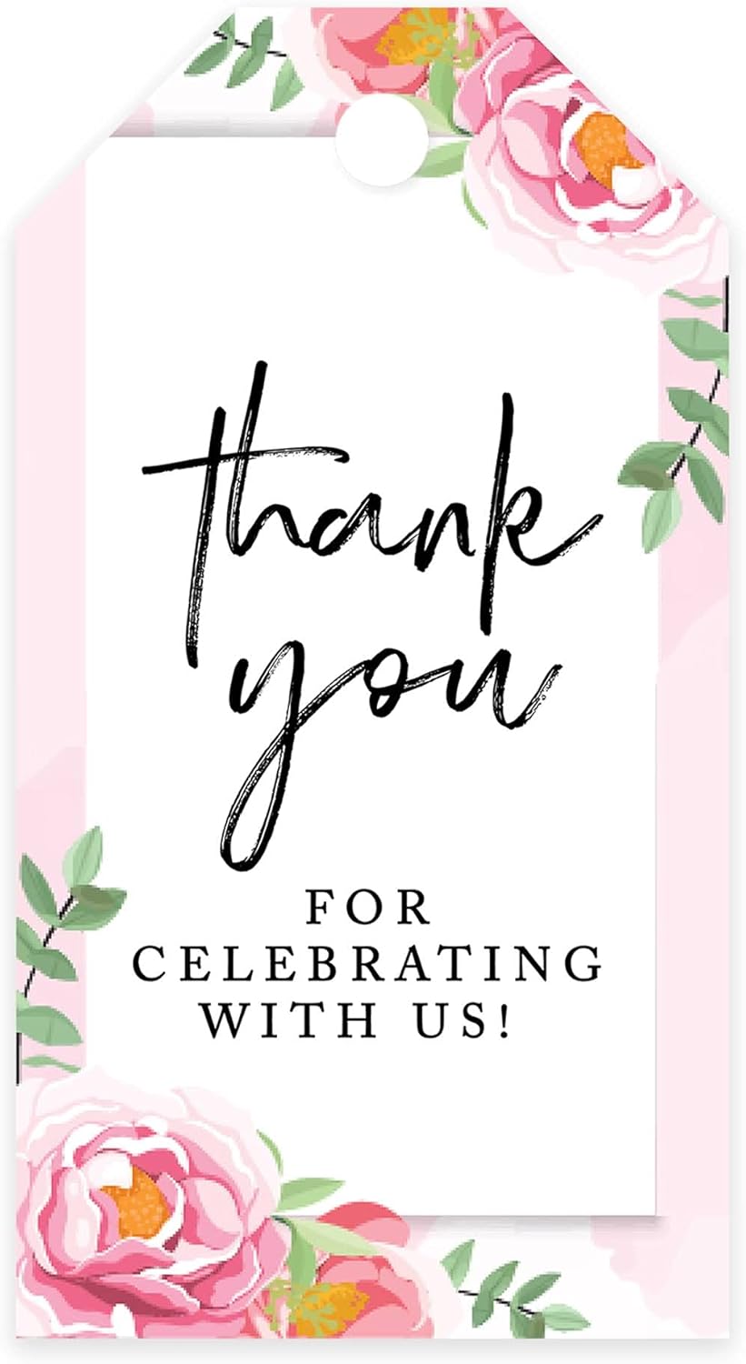 Andaz Press 100-Pack Thank You For Celebrating With Us Favor Tags Pink Peonies Cardstock Gift Tags with Bakers Twine for Wedding Baby Shower Bridal Shower Birthday Holiday Party Favors 2 x 3.75-Inches
