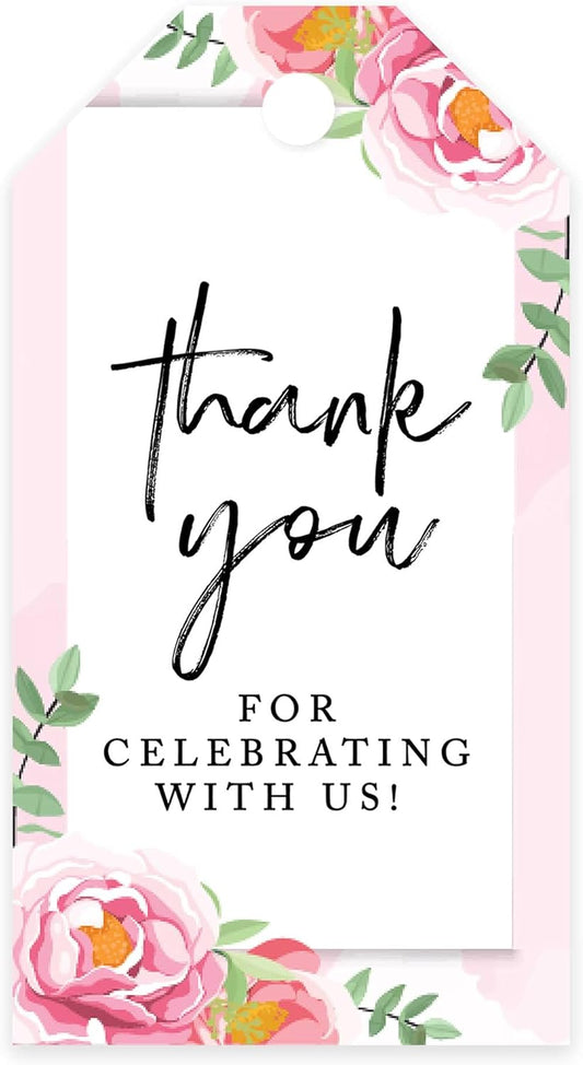Andaz Press 100-Pack Thank You For Celebrating With Us Favor Tags Pink Peonies Cardstock Gift Tags with Bakers Twine for Wedding Baby Shower Bridal Shower Birthday Holiday Party Favors 2 x 3.75-Inches
