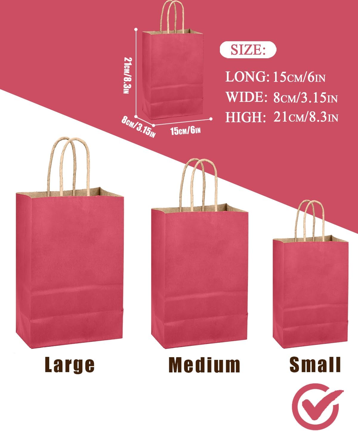 qiqee Bright Pink Gift Bag with Handles Bulk 24Pcs Paper Bags -8.3"x6"x3. 15" Party Favor Bags - Solid Color