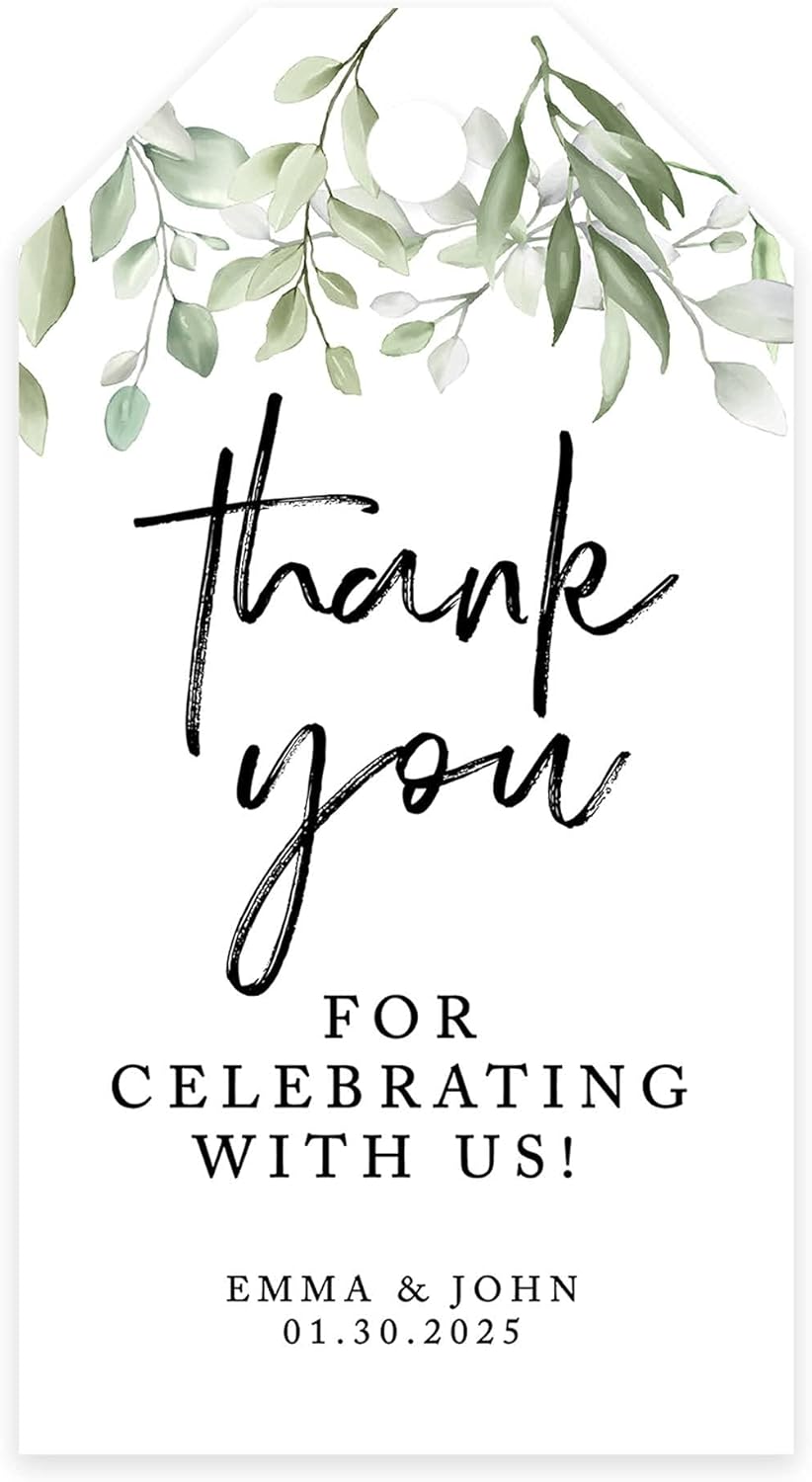 Andaz Press 100-Pack Personalized Thank You Wedding Favor Tags with Bakers Twine Greenery Leaves Custom Thank You Tags Wedding Gift Tags 2' X 3.75'