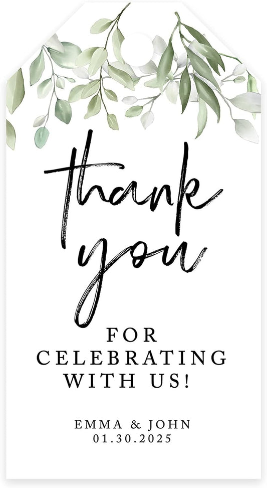 Andaz Press 100-Pack Personalized Thank You Wedding Favor Tags with Bakers Twine Greenery Leaves Custom Thank You Tags Wedding Gift Tags 2' X 3.75'