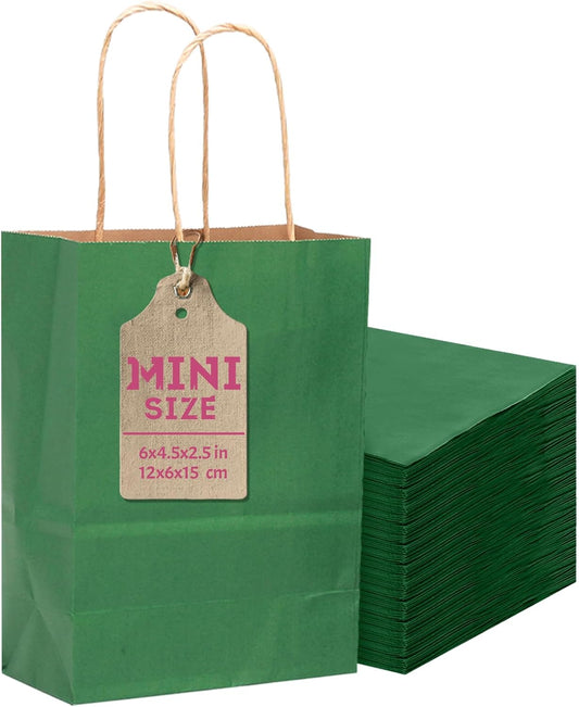 qiqee 50-Packs Kraft Deep Green Paper Gift Bags with Handles Bulk 4.5"x2.5"x6" Mini Size Party Favor Bags Multiple Uses