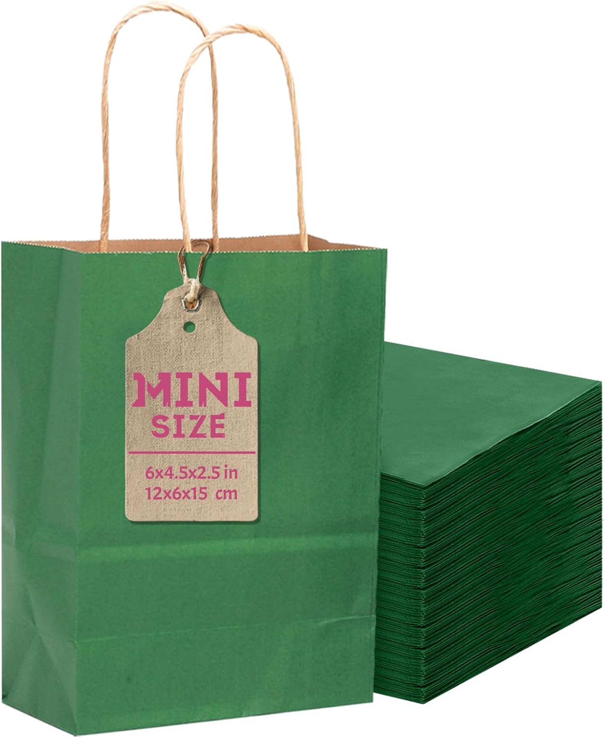 qiqee 24 Pcs Deep Green Mini Paper Gift Bags with Handles 6"x4.5"x2.5" Small Brown Kraft Party Favor Bags Treat Bags Multiple Uses (Mini size)