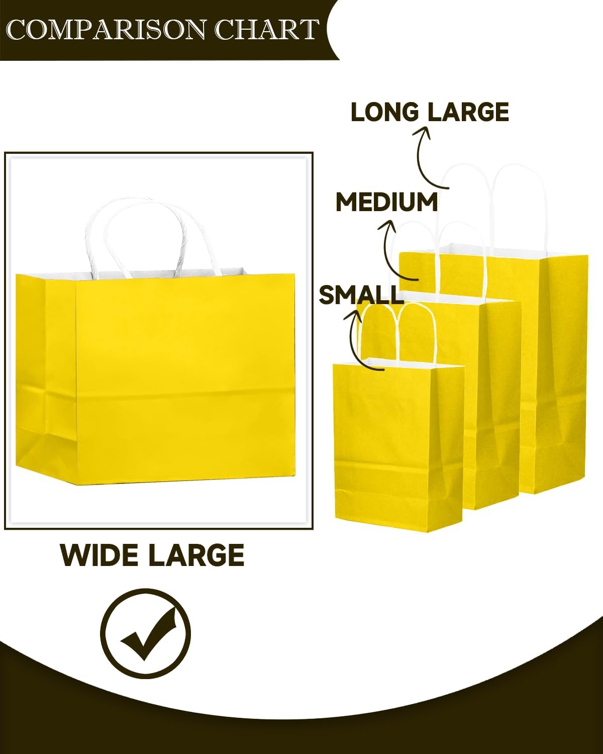 qiqee 50-Packs Bright Yellow Paper Gift Bags with Handles Bulk 12.6"x4.3"x10" Wide Large Size Party Favor Bags Multiple Uses