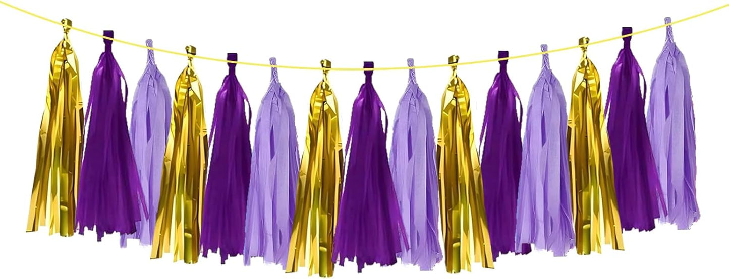 ZOOYOO Shiny Tassel Garland Tissue Paper Tassel Banner Table Decor,DIY Kits for Birthday,Wedding,Bridal Shower,Bachelorette,Graduation,Anniversary,Party Decorations,Pack of 15(Purple Gold)