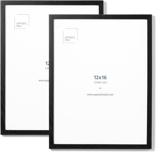 Opposite Wall - 12x16 in - Black Solid Oak Wood Picture Frame - Lightweight, Versatile & Shatterproof - Wall Hanging Poster or Photo Frame - Wall Decor for Office, Gallery & Home - 2 Pack