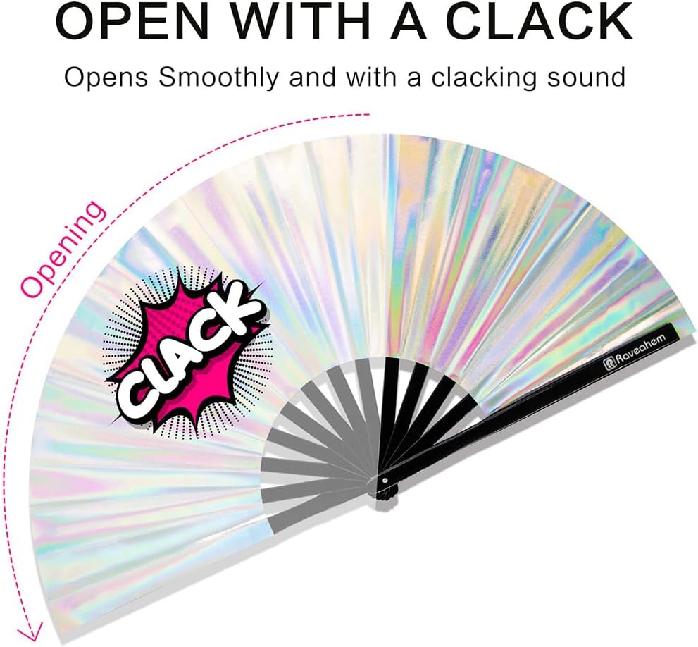 Large Rave Fan, Clack Folding Hand Fan with Premium Fabric, Thick Bamboo Frame for Men Women Gift for EDM, Festival, Club, Party, Dance, Decoration (Holographic Silver, 11")