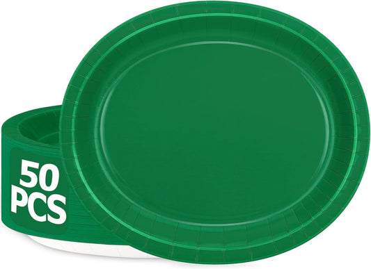 QZYL 50 Count Paper Plates, 12.2'' X 10.2'' Large Green Oval Plates, Daily Dinner Plates Disposable Paper Tray Bulk Party Supplies for Outdoor Picnic Birthday Party Barbecue Holiday