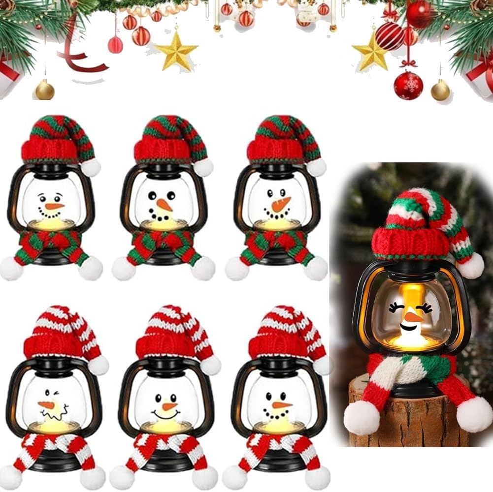 Mini Snowman Lantern with Hats and Scarves, Mini Candle Christmas Snowman Lanterns Decoration, Small Winter Portable Tabletop Centerpiece for Holiday Party Favor(6pcs)