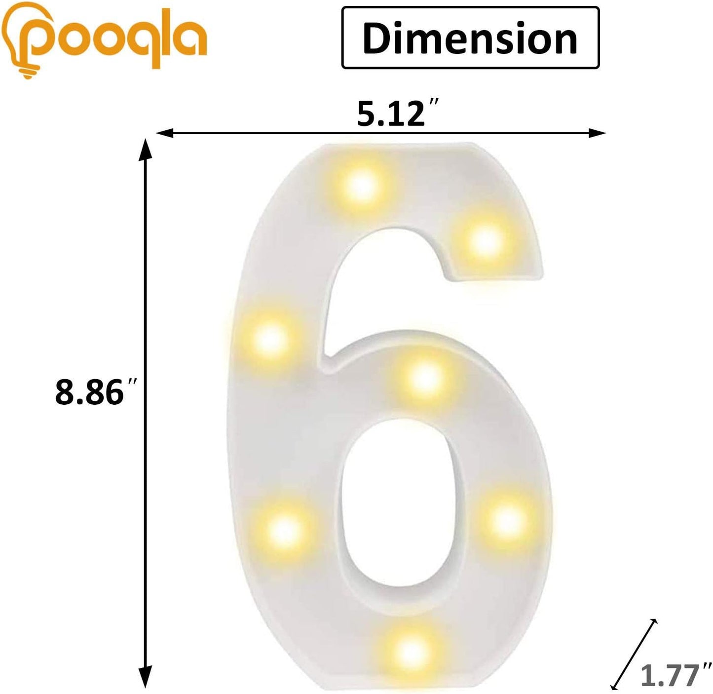 Pooqla Decorative LED Light Up Number Letters, White Plastic Marquee Lights Sign Party Wedding Decor, Battery Operated (6)