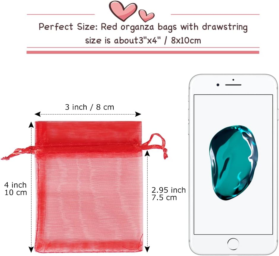 YQL Organza Bags 3x4,100PCS Red Mini Drawstring Bags Organza Jewelry Pouches Wedding Party Valentine Gift Mesh Candy Bag
