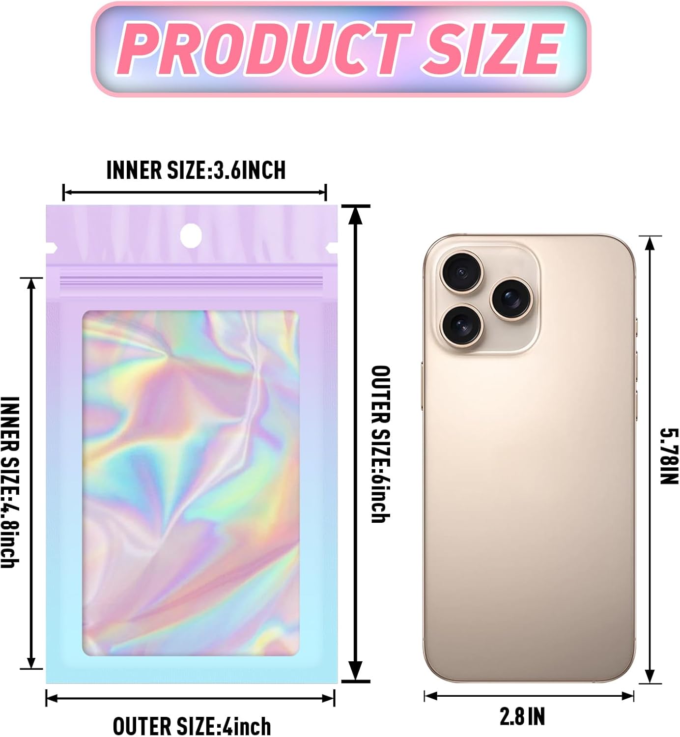 Funfery 100 Pack Holographic Bags,Mylar Resealable Bags with Zipper,Clear Window Packaging Pouch,Plastic Foil Bag for Food Storage,Sample Jewelry Baggies(4×6in,Purple Blue)