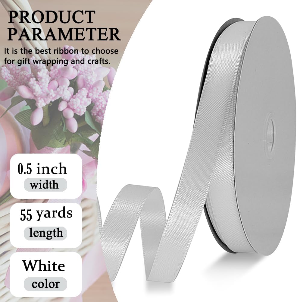 White Satin Ribbon Double Faced Satin 1/2 inch x 55 Yards Polyester Ribbon for Gift Wrapping Crafts Wedding Decoration Bows Ornaments Party Bouquet Floral Arrangement