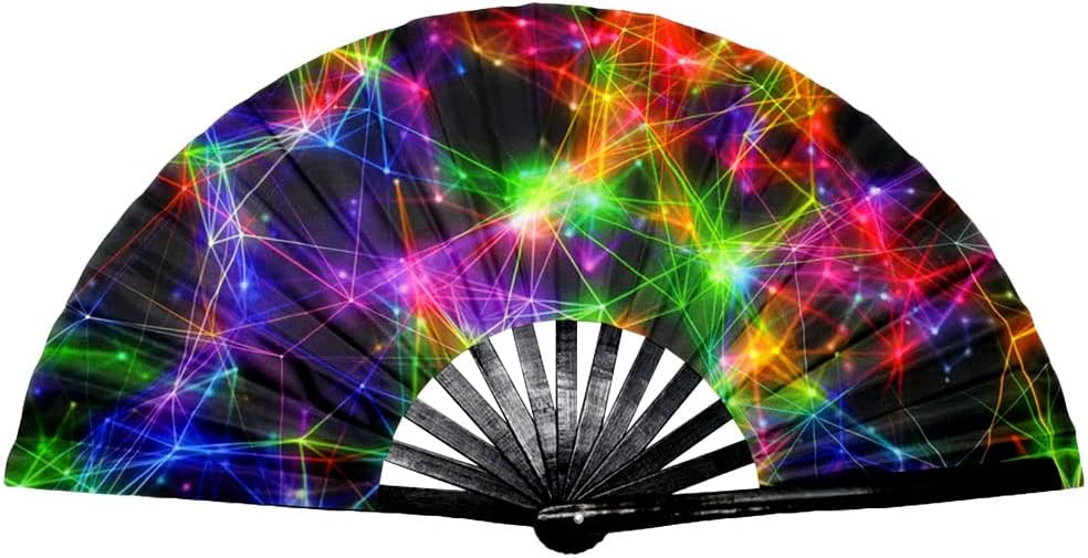 2 Pack Large Folding Rave Fan for Women/Men Holographic Festival Bamboo Clack Hand Fan Decorative Accessories for EDM, Music Festival, Event, Party, Dance, Performance,Halloween (Style-1)