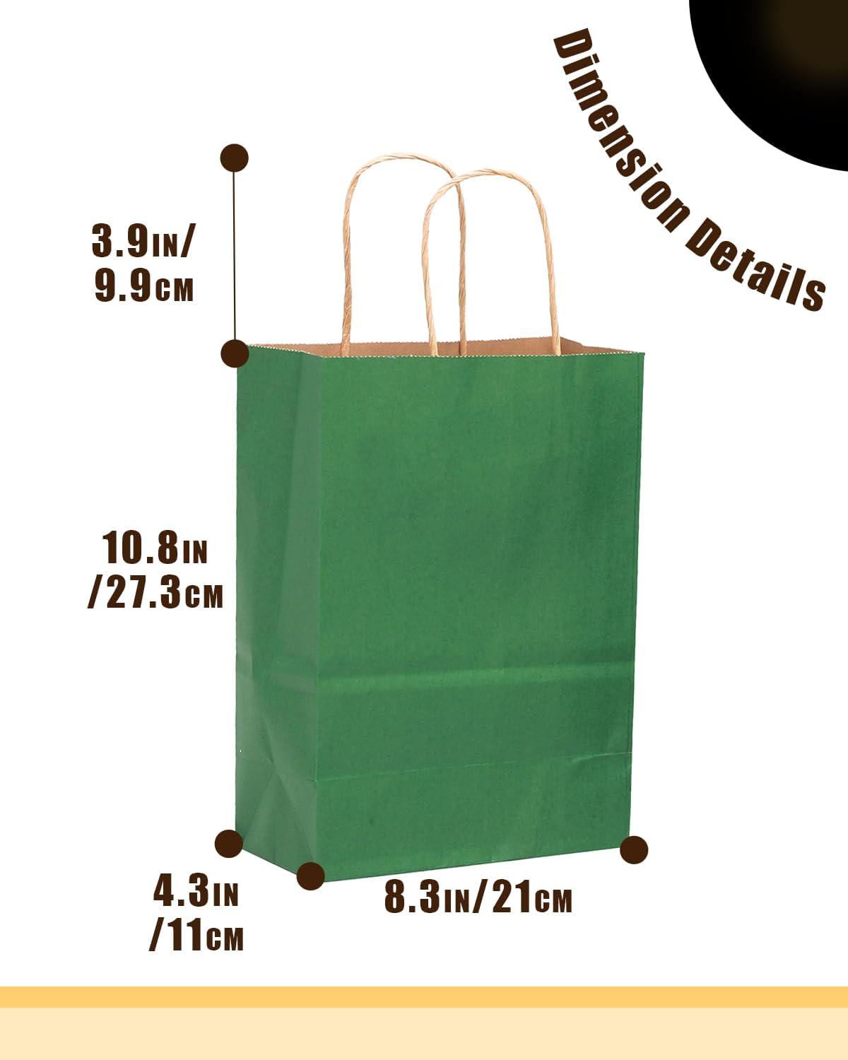qiqee 50-Packs Kraft Deep Green Paper Gift Bags with Handles Bulk 11"x8.3"x4.3" Medium Size Paper Bags Multiple Uses