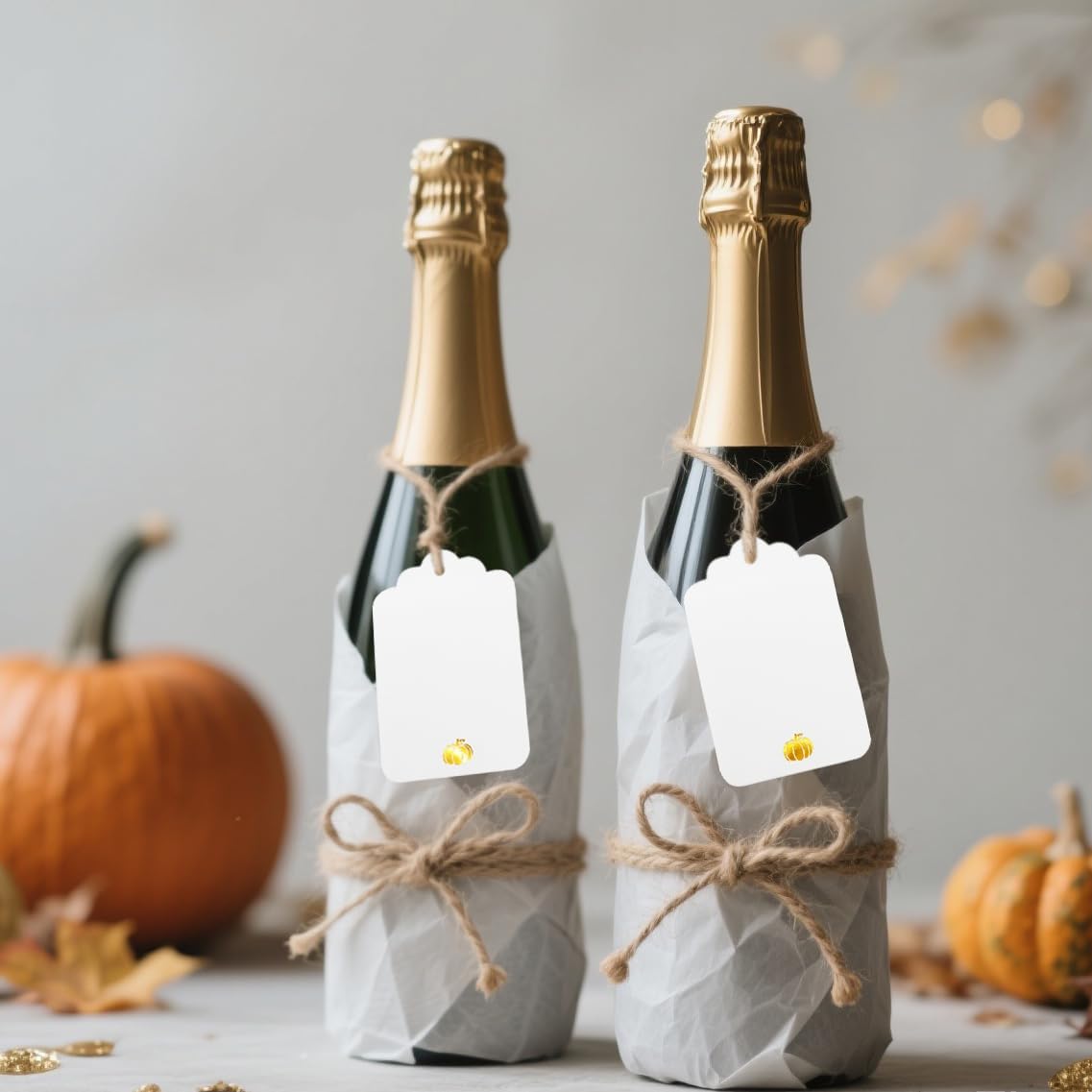 100 Pcs Blank Gift Tags with String Gold Foil Pumpkin Large White Paper Gift Tags with 65 Ft Jute Twine Cute Tags for Halloween Autumn Fall Harvest Thanksgiving Gift Wrap Tags