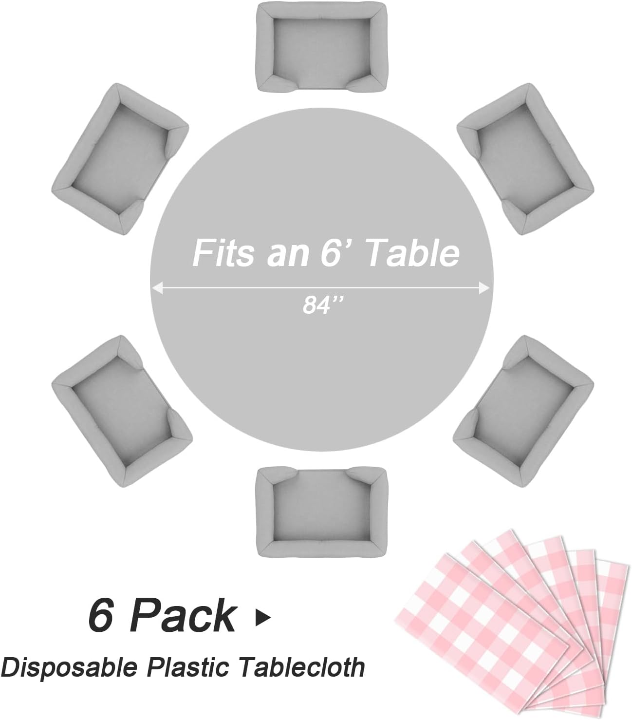 QIKSION Pink Gingham Round Tablecloth 6 Pack, 84 Inch Plastic Checkered Table Cover Disposable for Parties