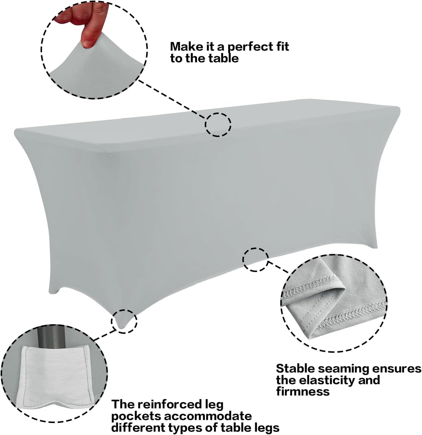 IVAPUPU 2 Pack 4FT Table Cloth for Rectangular Fitted Events Stretch Grey Table Covers Washable Cover Spandex Tablecloth Protector for Party, Wedding, Cocktail, Banquet, Festival