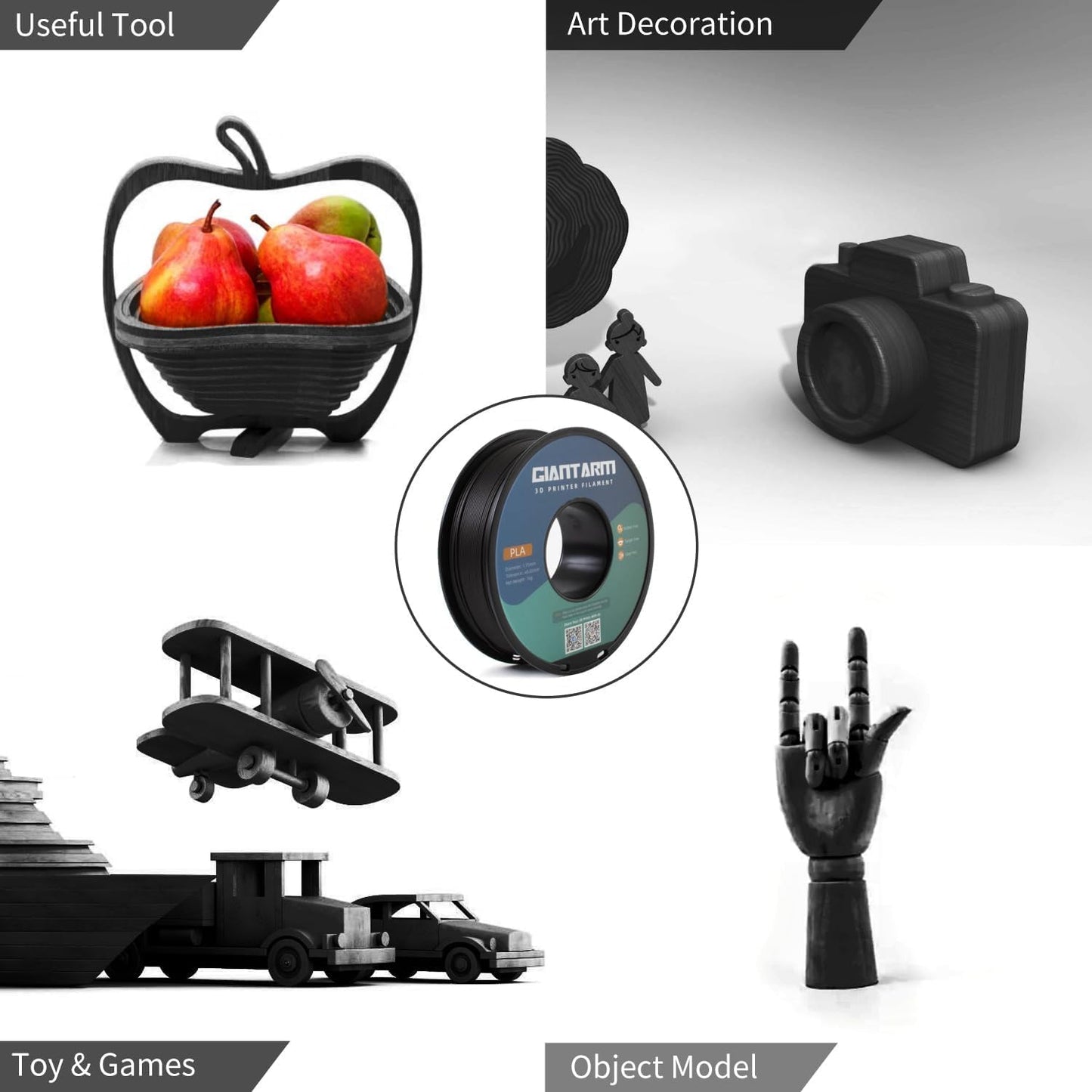 GIANTARM 3D Printer Filament,Black & Grey 2kg PLA Filament 1.75mm,Dimensional Accuracy +/- 0.02 mm,2pcs 1kg Spool (2.2lbs) Fit Most FDM 3D Printers