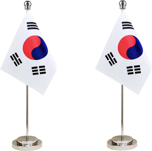 South Korea Korean Deluxe Desk Flag Set Small Mini Miniature South Korea Korean Table Desktop Flags,Festival Events Celebration,Office Decoration-2 Pack