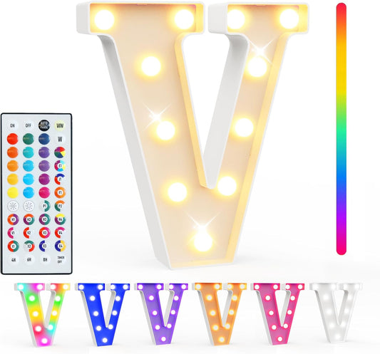 Pooqla Colorful Light Up Letters with Remote, Upgraded 35 Colors LED Marquee Letters, RGB Lighted Letter for Girls Teenager Gift, Birthday, Party, Wedding, Night Light, Room, Bedroom Decor, Letter V