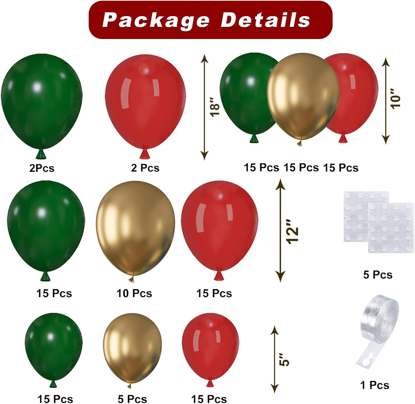 Christmas Balloons Garland Kit, 124pcs Red Green Gold Metallic Latex Balloons Arch for Christmas Party Decorations