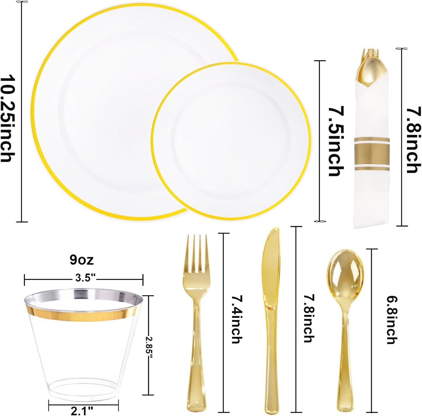 SUT 175 Pcs White and Gold Plastic Plates, Plastic Dinnerware Set for 25 Guests, Disposable Plates and Napkins Party Supplies, Gold Silverware, Plates, Cups and Napkins Sets for Party, Weddings