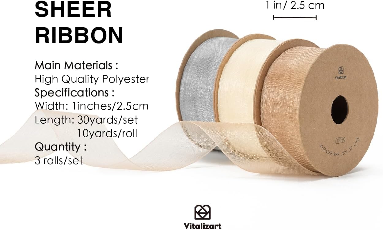 Vitalizart Organza Sheer Ribbon 1 inch x 30 Yd Cream White Rose Gold & Silver Handmade Fabric Ribbons for Gift Wrapping Christmas Tree Crafts Bows Wedding Invitations Wreaths Wrap