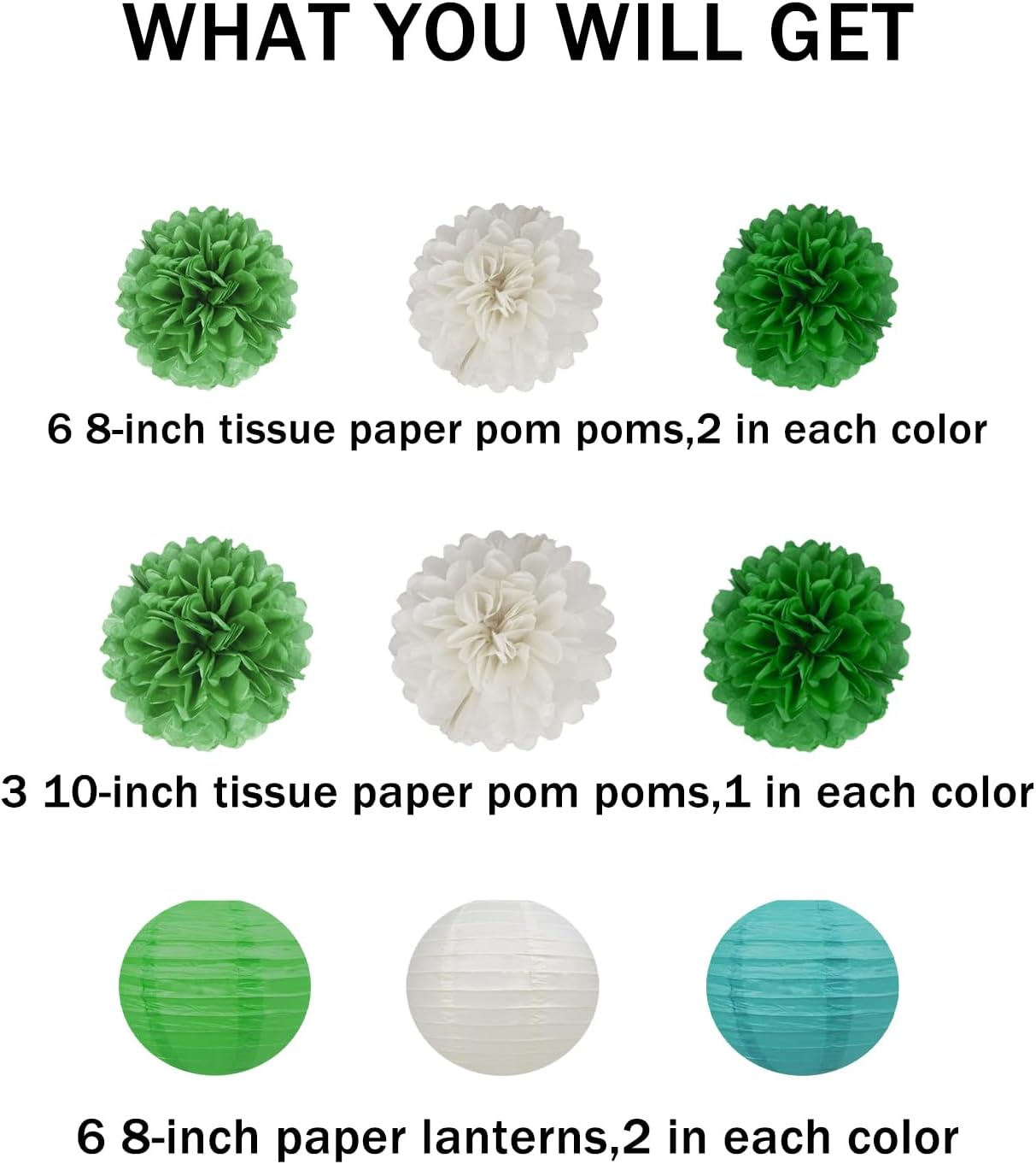 White Green Party Decoration - 15Pcs Tissue Pom Poms Paper Flowers Paper Lanterns Dinosaur Theme Birthday Baby Shower Forest Party Hanging Decor HongTongTong