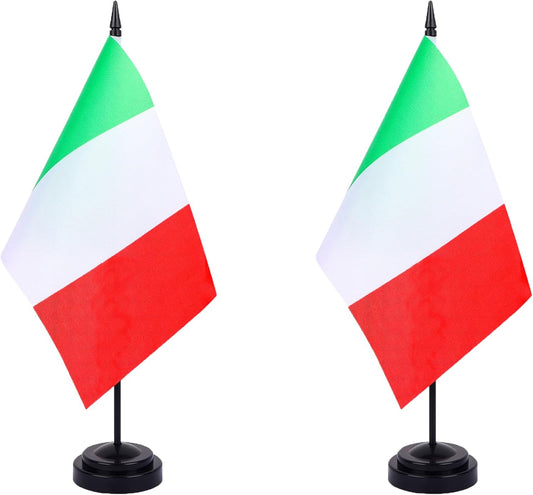 Italy Desk Flag 12" Solid Pole Deluxe Set Italian Flags Banner Mini Small Italy Office Table Flags with Black Stand Base Desktop Decorations(2Pack)