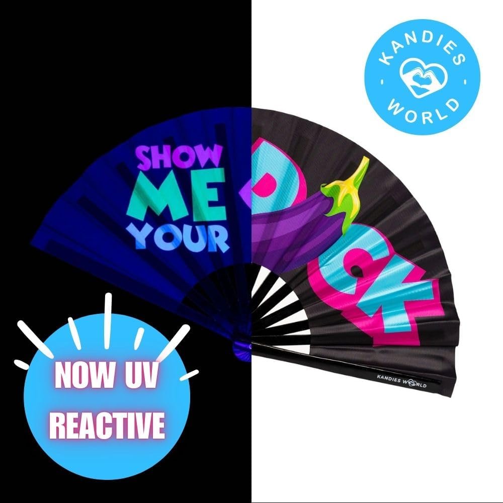 Kandies World UV Reactive Custom Festival Folding Hand Fan - Unique Designs, Made of Bamboo, Clacking Sound, Lightweight - Perfect Rave and Festival Accessory!