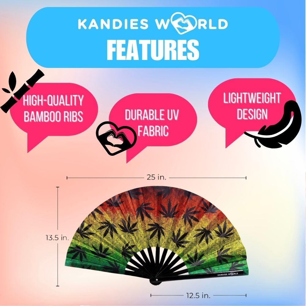 Kandies World UV Reactive Custom Festival Folding Hand Fan - Unique Designs, Made of Bamboo, Clacking Sound, Lightweight - Perfect Rave and Festival Accessory!